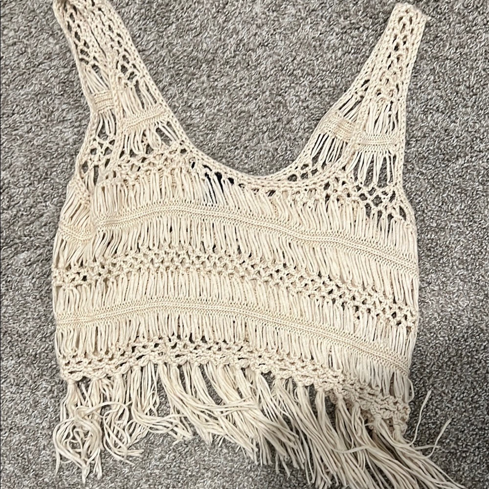 Cream Crochet Fringe Top